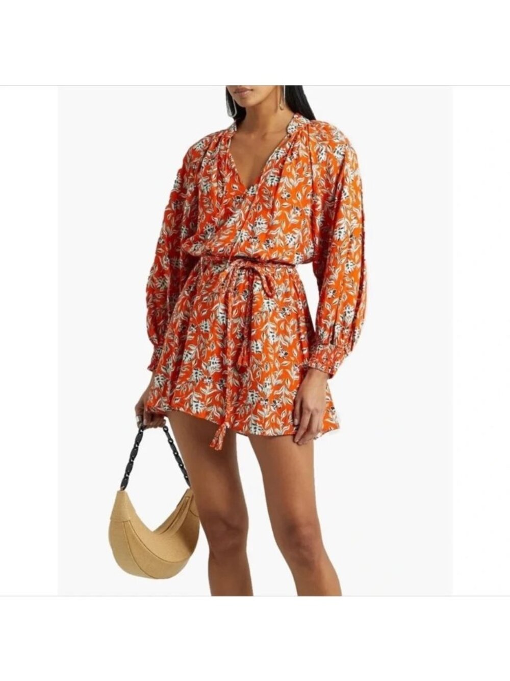Alice + Olivia 4 Orange Smocked Sleeve Belted Mini Dress Lined Boho Floralcore